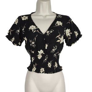 Paper Crane Crop Top Smocked Surplice V-neck Women Size S Black Floral Short Slv